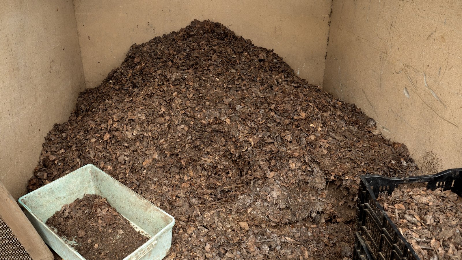 A neat heap of dark brown material sits in a storage bin, with a small shovel and a container nearby in a dimly lit area.