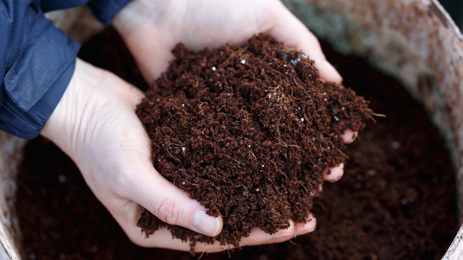 A detailed close-up of hands holding coconut coir fibers, displaying their brown, stringy texture.