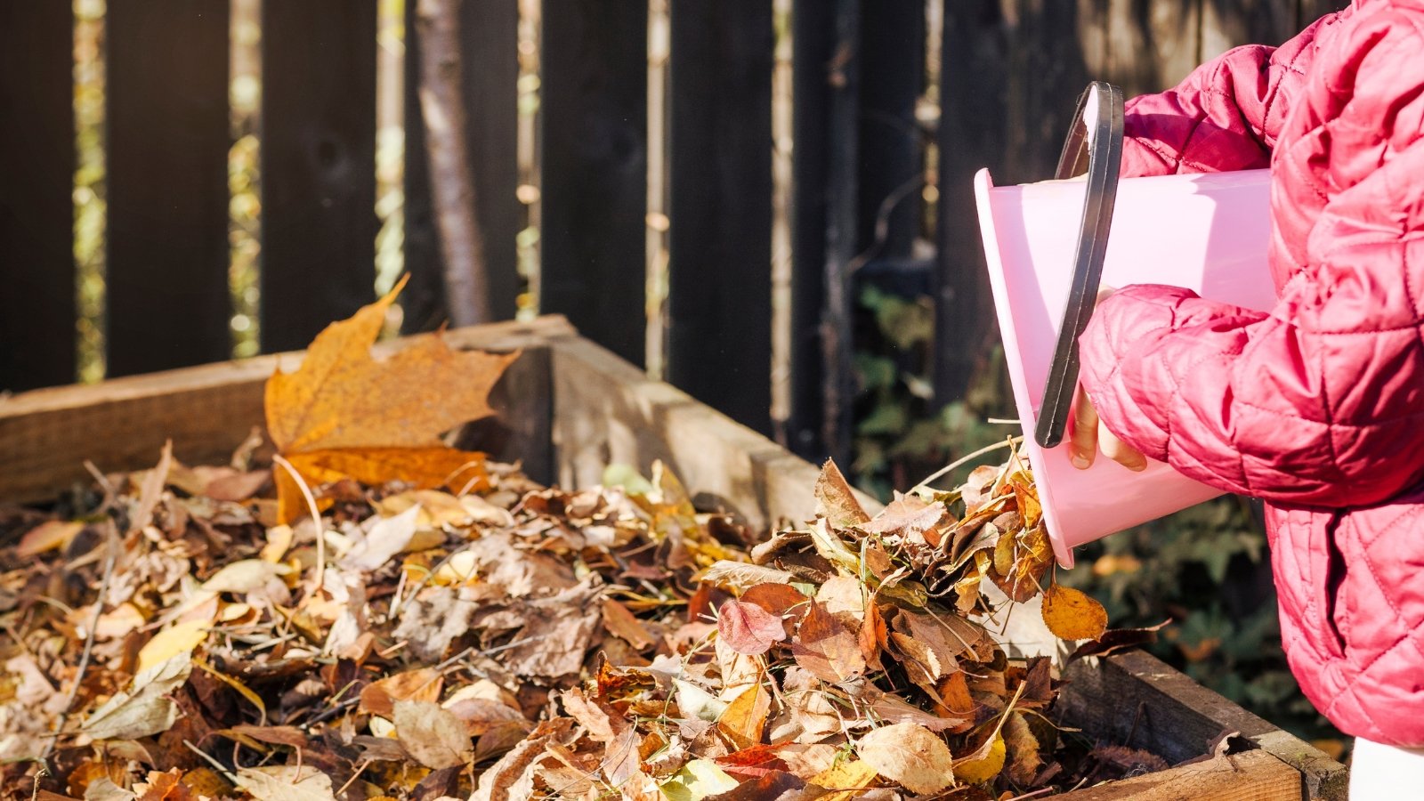 A child pouring dried brown leaves into a wooden bin.