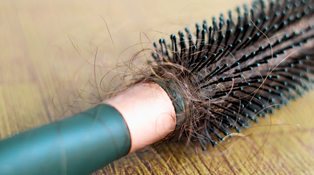 A close up of a blue hairbrush with strands of brown hair entangled at the base.