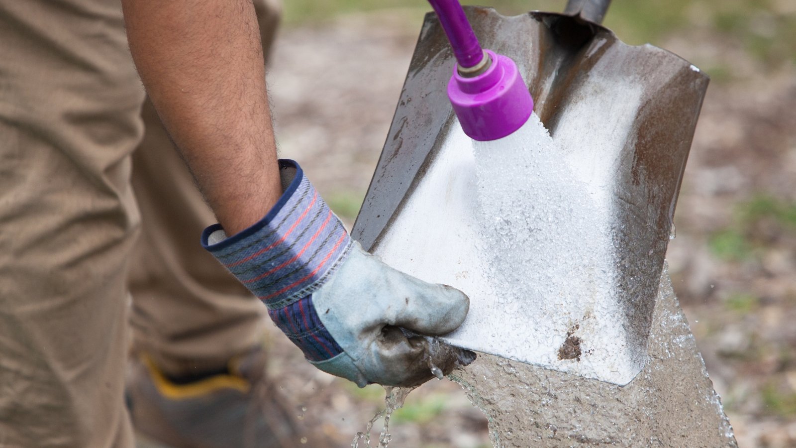 A gardener in blue gloves cleans a garden shovel with water from a pink hose.
