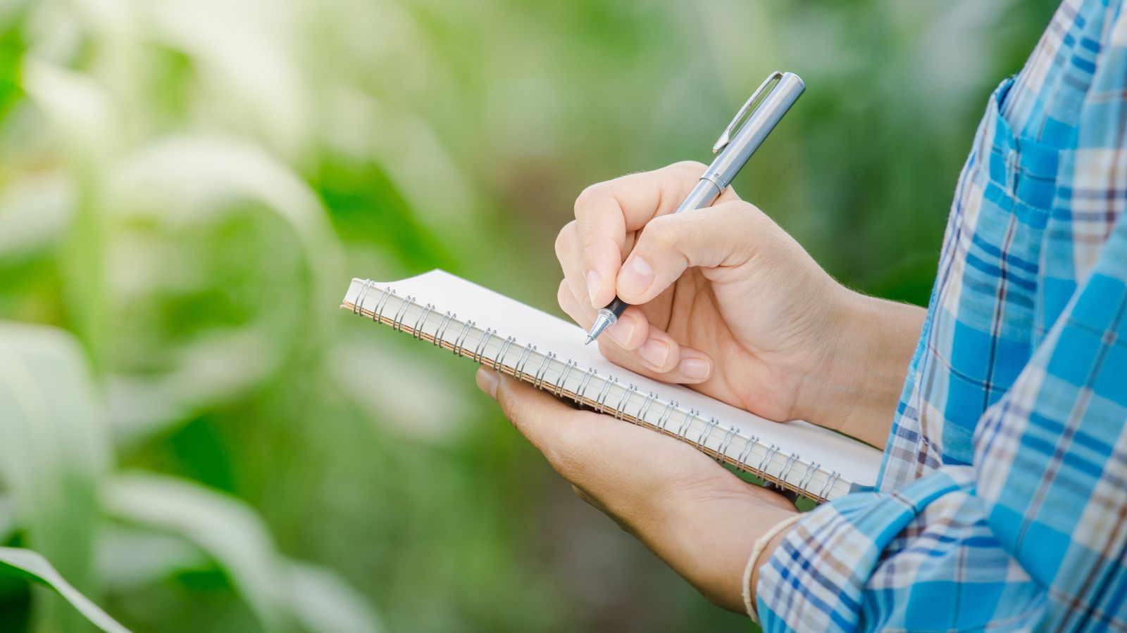 A gardener wearing a blue shirt holding a notebook and pen writing down notes, while observing the plants in the garden