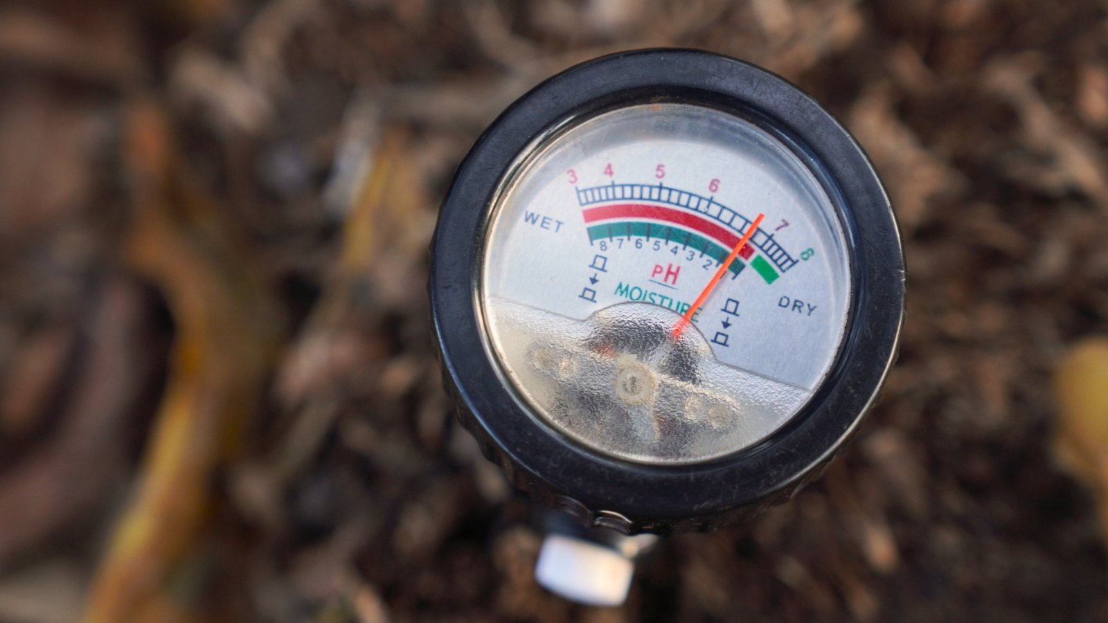 The soil pH measurement device features a slender metal probe attached to a small, round display unit that shows readings, with a simple scale interface, designed for easy insertion into the soil.