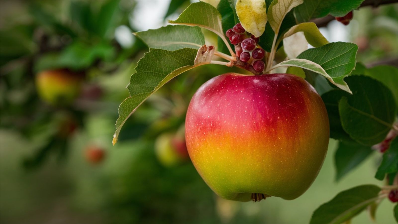 A beautifully red and yellow green Ambrosia fruit still dangling from the branch with lovely textured leaves. having other fruits in the background