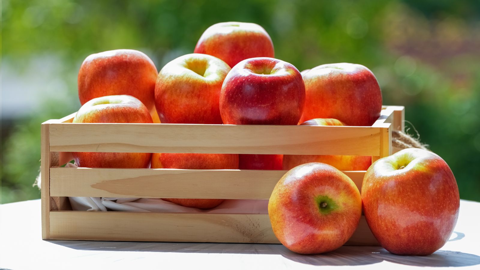 A wooden box containing many red and round Envy™ fruits, placed on a white surface located somewhere sunny with greens all around