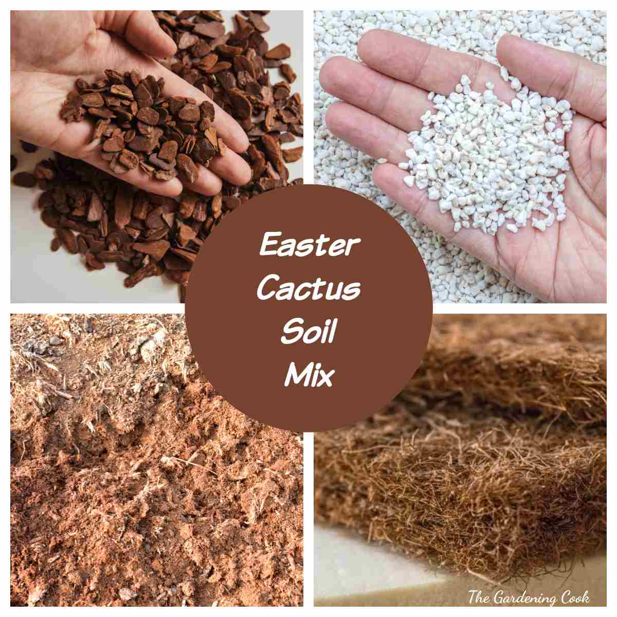 Orchid bark, perlite, peat moss and coco coir in a collage with words Easter cactus soils mix.